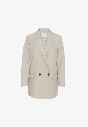 Blazer double boutonnage gris clair avec des rayures verticales, revers à cranta, deux poches avant et boutons noirs. Ajustement sur mesure avec une forme structurée.