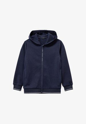 Felpa con zip blu navy realizzata in misto cotone. Caratterizzata da un cappuccio, tasche frontali e profili bianchi a contrasto su polsini e fondo. Tessuto morbido.