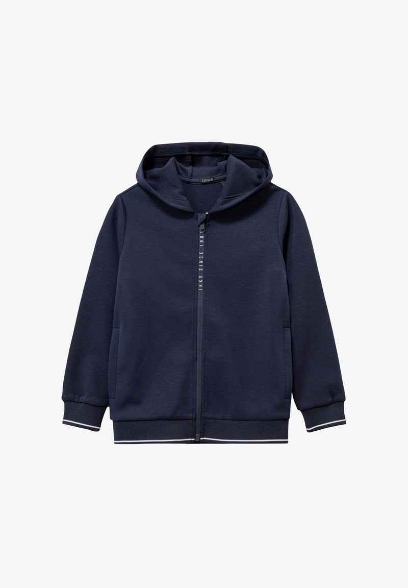 Felpa con zip blu navy realizzata in misto cotone. Caratterizzata da un cappuccio, tasche frontali e profili bianchi a contrasto su polsini e fondo. Tessuto morbido.