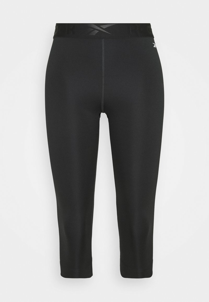Czarne legginsy capri wykonane z elastycznego materiału z szerokim elastycznym pasem, na którym znajduje się logo Reebok. Gładka faktura, dopasowany krój.