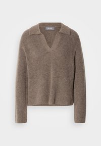 Sweater marron confortable avec un col en V, doté de manches longues et d'un design en tricot doux et texturé. Coupe décontractée et confortable.