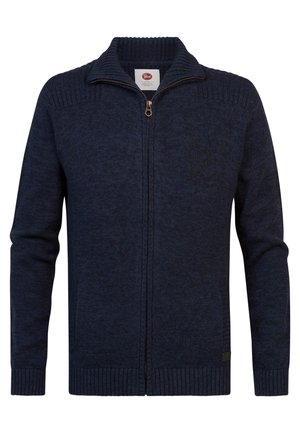 Marineblauer, gestrickter Reißverschluss-Pullover mit geripptem Kragen, Bündchen und Saum, mit subtiler Textur und kleinem Logo auf der linken Vorderseite.