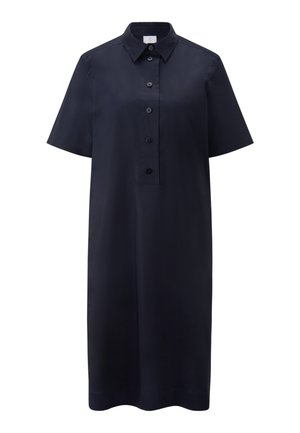 Marineblauwe shirtjurk met een kraag, korte mouwen en een knoopsluiting met vijf knopen; gemaakt van glad, lichtgewicht stof.