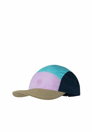 Baseballkappe mit beigefarbenem Schirm, lavendelfarbenem Vorderteil, türkisfarbenem Oberteil und dunkelblauen Rückenteilen, mit kleinem Logo vorne.