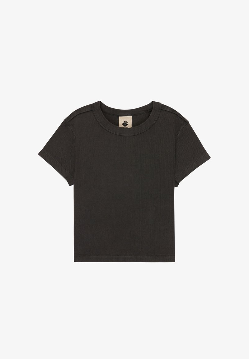 Dark gray short-sleeve T-shirt made of soft cotton, featuring a round neckline and slightly rugged texture with visible seam details.