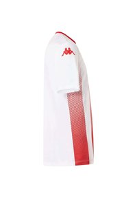 Witte sportshirt met rode accenten, met een gestructureerd gradientontwerp aan de zijkant en een rode kraag. Logo op de linker schouder.