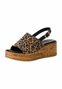 Sandalo con zeppa in stampa leopardata, piattaforma in sughero, dettagli in sintetico nero, design open toe e fibbia per una vestibilità sicura.