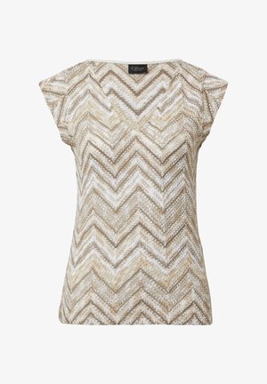 Kurzarmoberteil im beigen und braunen Zickzackmuster. V-Ausschnitt-Design mit strukturiertem Stoff, der eine glatte Oberfläche und eine lockere Passform bietet.