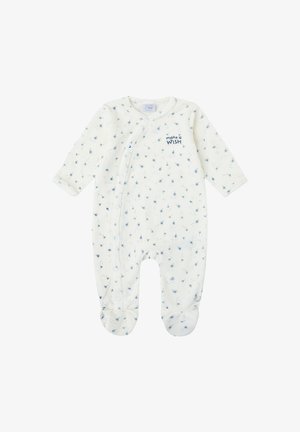 Mameluco para bebé de color crema hecho de tela suave, con un estampado de dientes de león en azul, manga larga y cierre de botones a presión en la parte delantera.