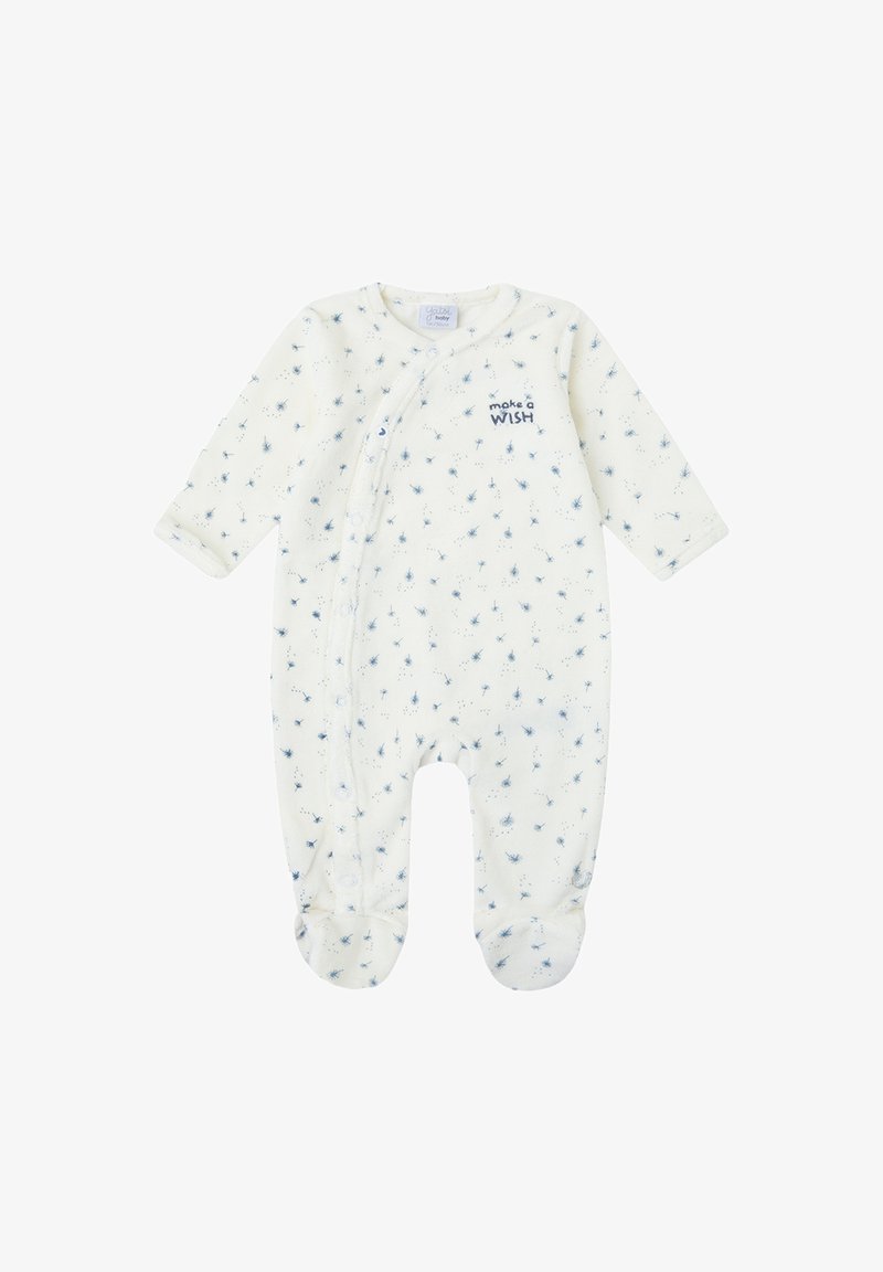 Mameluco para bebé de color crema hecho de tela suave, con un estampado de dientes de león en azul, manga larga y cierre de botones a presión en la parte delantera.