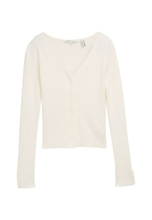 Weißer gerippter Cardigan mit langen Ärmeln und V-Ausschnitt. Verfügt über einen Six-Button-Verschluss und einen cropped Saum. Weiche Textur.