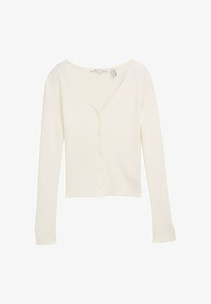 Baltas ribotas kardiganas ilgomis rankovėmis ir V formos iškirpte. Savybės: šešių mygtukų uždarymas ir sutrumpintas apatinis kraštas. Minkšta tekstūra.