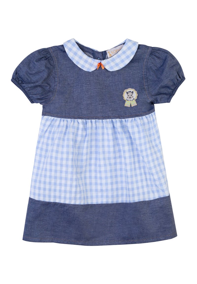 Abito in denim con maniche a palloncino corte, corpino a quadri blu e una toppa con leone sul petto. Presenta un colletto e un'accento con fiocco arancione.