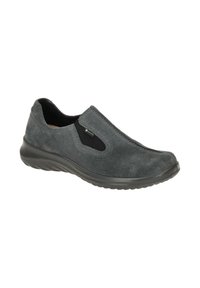 Dunkelgrauer Slipper aus Wildleder mit schwarzem elastischen Einsatz und Gore-Tex-Label, ausgestattet mit einer schwarzen gepolsterten Sohle für Komfort und Wasserdichtigkeit.