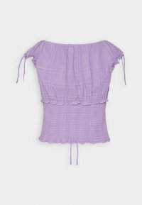 Top lilla senza spalle. Caratterizzato da arricciature elastiche in vita e sulle maniche, creando un orlo arricciato. Tessuto testurizzato con quadretti sottili.