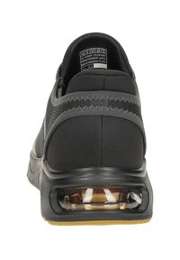 Black athletic shoe with a synthetic upper, textured mesh, visible air cushioning in heel, and rubber outsole for traction.