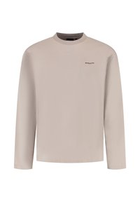 Lichtbeige longsleeve shirt met ronde hals en een klein zwart "BALLIN'" logo op de linkerborst, afgebeeld op een witte achtergrond.