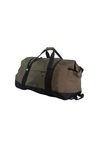 Borsa a viaggio verde oliva con fondo nero, manici doppi e tasca laterale. Realizzata in tessuto resistente, presenta un logo sulla parte anteriore.