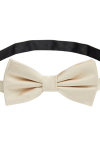 Krämfärgad satängfluga med en texturerad yta. Har en central knut och ett svart justerbart band för fäste.