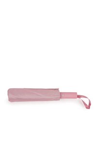 Ombrello rosa compatto con manico liscio, meccanismo a pulsante e cinturino da polso, dotato di una copertura in tessuto texture e di una forma arrotondata.