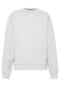 Šedá mikina s kulatým výstřihem a dlouhými rukávy. Obsahuje texturovanou tkaninu a malé bílé logo Adidas na hrudi.