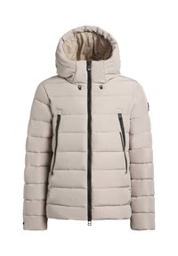 Bežna pufasta jakna s kapuco, ki ima vodoravne prešite dele, črne zadrge in sprednje žepe. Gladko teksturo tkanine.