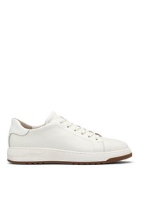 Białe skórzane trampki z okrągłym noskiem, płaską gumową podeszwą i subtelną teksturą na pięcie. Zawierają sznurowadła i minimalistyczny design.