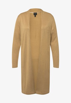 Langer Cardigan aus einem schimmernden goldenen Stoff, offen vorne, mit langen Ärmeln und zwei seitlichen Taschen. Weiche Textur mit subtilen Glitzerdetails.