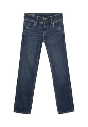 Tmavomodré rifle so strihom rovné nohavice, s dvojitým zapínaním na gombíky, prednými a zadnými vreckami a jemnými vyblednutými detailmi na stehnách a kolenách.