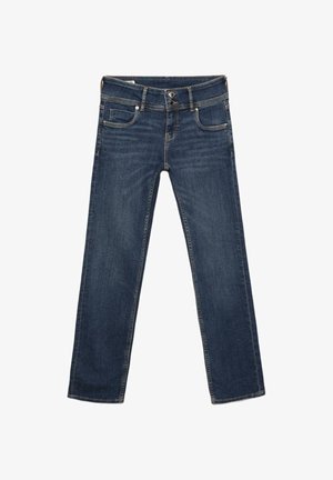 Dunkelblaue Jeans mit geradem Bein, doppeltem Knopfverschluss, Taschen vorne und hinten sowie dezenten, ausgewaschenen Details an Oberschenkeln und Knien.