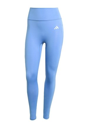 Blue athletic leggings made from stretchy fabric. High-waisted design, featuring a white Adidas logo on the left side. Smooth texture.