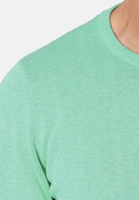 Suéter de punto verde claro con cuello redondo. La tela parece suave con una textura sutil y un ribete consistente a lo largo de los bordes.