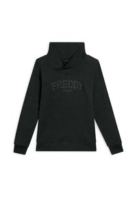Felpa nera con collo alto a cappa e maniche lunghe. Presenta la parola "FREDDY" in accenti brillanti sulla parte anteriore. Tessuto morbido.