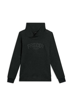 Felpa nera con collo alto a cappa e maniche lunghe. Presenta la parola "FREDDY" in accenti brillanti sulla parte anteriore. Tessuto morbido.