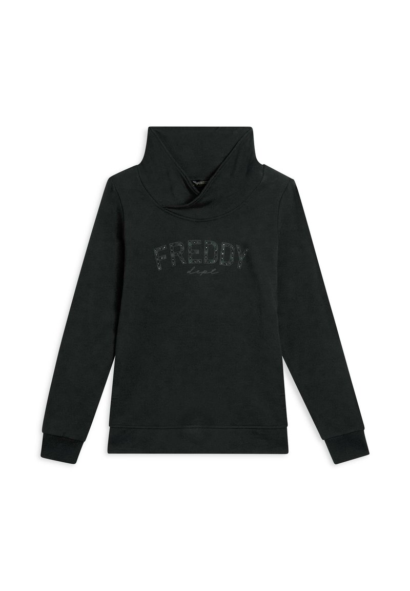 Felpa nera con collo alto a cappa e maniche lunghe. Presenta la parola "FREDDY" in accenti brillanti sulla parte anteriore. Tessuto morbido.