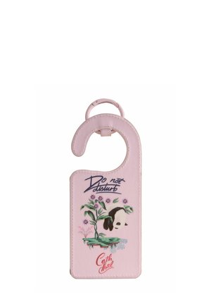 Pink door hanger with "Do not disturb" text, a panda resting among green plants and purple flowers, and red "Cath Hotel" logo at the bottom.