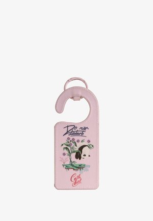Pink door hanger with "Do not disturb" text, a panda resting among green plants and purple flowers, and red "Cath Hotel" logo at the bottom.