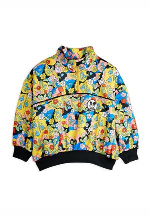 Colorful pullover jacket featuring a high collar, floral patterns, and a black hem. Made from a smooth, lightweight material. Zippered front.