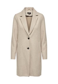 Cappotto in misto lana beige con design sartoriale, rever a punta, due tasche frontali e tre bottoni neri. Maniche lunghe e taglio fino al ginocchio.