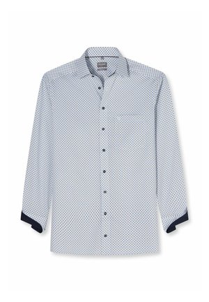 Hellblaues Herrenhemd mit Knopfleiste, kleinem Kreis-Muster, langen Ärmeln und dunklen inneren Manschetten, flach auf weißem Hintergrund liegend.