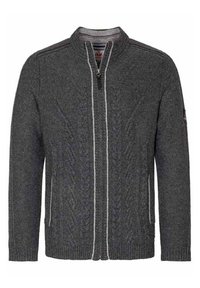 Grauer Reißverschluss-Pullover mit Zopfmuster, gerippten Bündchen und Saum. Mit kontrastierenden hellgrauen Streifen entlang des Reißverschlusses.