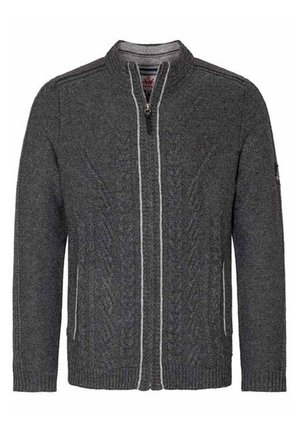 Grauer Reißverschluss-Pullover mit Zopfmuster, gerippten Bündchen und Saum. Mit kontrastierenden hellgrauen Streifen entlang des Reißverschlusses.