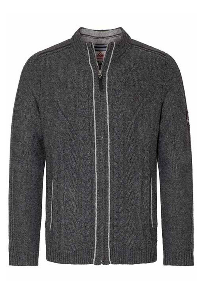 Grauer Reißverschluss-Pullover mit Zopfmuster, gerippten Bündchen und Saum. Mit kontrastierenden hellgrauen Streifen entlang des Reißverschlusses.