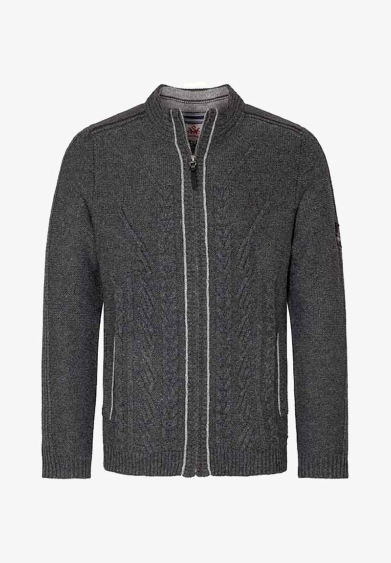 Grijze ritssluiting cardigan met een kabelgebreid patroon, ribgebreide manchetten en zoom. Kenmerkt zich door contrasterende lichtgrijze strepen langs de rits.