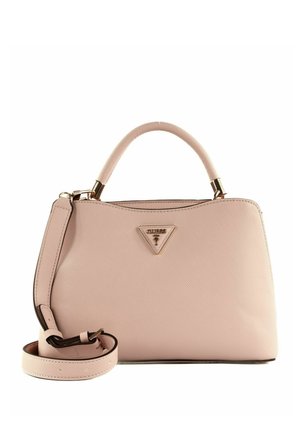 Borsa sintetica rosa con una forma strutturata, dotata di manico superiore e tracolla removibile, accentuata da un logo a triangolo.
