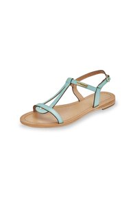 Sandali in pelle azzurro chiaro con design a T-stringa, suola piatta e cinturino alla caviglia con fibbia dorata. Texture liscia, stile minimalista.