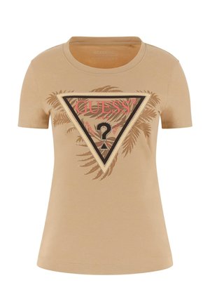 T-shirt beige a maniche corte in cotone, con una grafica del logo triangolare in nero, oro e rosa, arricchita da dettagli con foglie di palma e strass.
