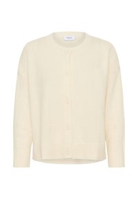 Gilet en tricot couleur crème avec des manches longues, un col rond, des poignets et un ourlet côtelés, et cinq boutons à l'avant pour la fermeture.