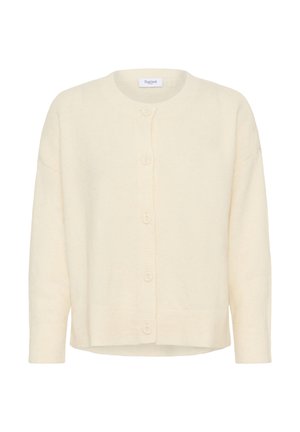 Gilet en tricot couleur crème avec des manches longues, un col rond, des poignets et un ourlet côtelés, et cinq boutons à l'avant pour la fermeture.