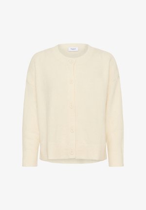 Pletena kardigan krema barve z dolgimi rokavi, okroglim izrezom, rebrastimi manšetami in robom ter petimi gumbi spredaj za zapiranje.
